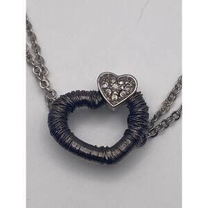2 Chain Open Heart & Rhinestone Heart Gun Metal Gray & Silver Tone Bracelet